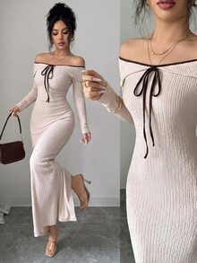 SHEIN Clasi Women's Front Tie Off-Shoulder Long Sleeve Fitted Elegant Dress - Apricot - View 4