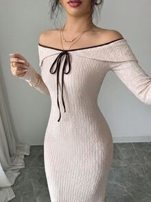 SHEIN Clasi Women's Front Tie Off-Shoulder Long Sleeve Fitted Elegant Dress - Apricot - View 6