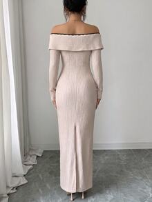 SHEIN Clasi Women's Front Tie Off-Shoulder Long Sleeve Fitted Elegant Dress - Apricot - View 2