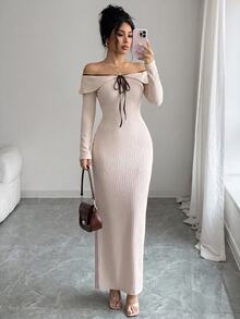 SHEIN Clasi Women's Front Tie Off-Shoulder Long Sleeve Fitted Elegant Dress - Apricot - View 5