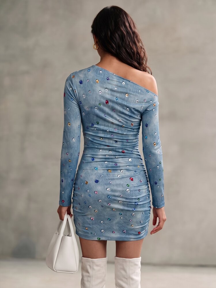 Breezaya Spring/Autumn Casual Sexy Vacation Rainbow Sequin Diamond 3D Printed Asymmetric Ruched Elegant Long Sleeve Short Dress Women's Dress Party Club - Blue - View 2