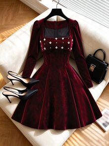 GlowEve Women's Autumn/Winter New Elegant Glamorous Beaded Decor Red Dress - Burgundy - View 6