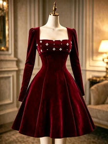 GlowEve Women's Autumn/Winter New Elegant Glamorous Beaded Decor Red Dress - Burgundy - View 4