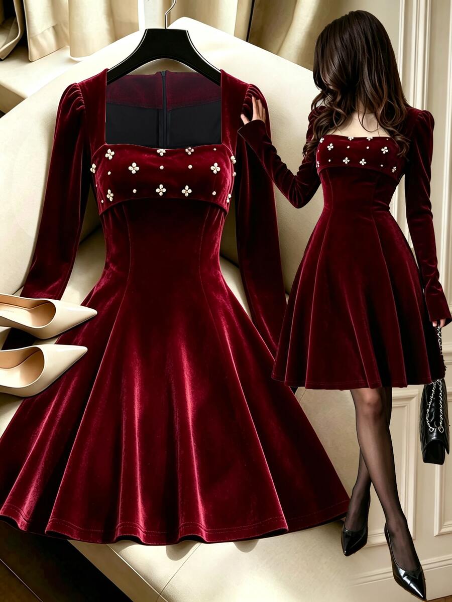 GlowEve Women's Autumn/Winter New Elegant Glamorous Beaded Decor Red Dress - Burgundy - View 1