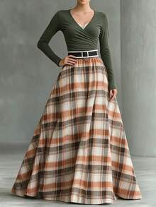 Balvessa Women's Solid Color Overlap V-Neck Long Sleeve T-Shirt And Plaid Skirt Casual 2 Pieces Set - Green - View 1