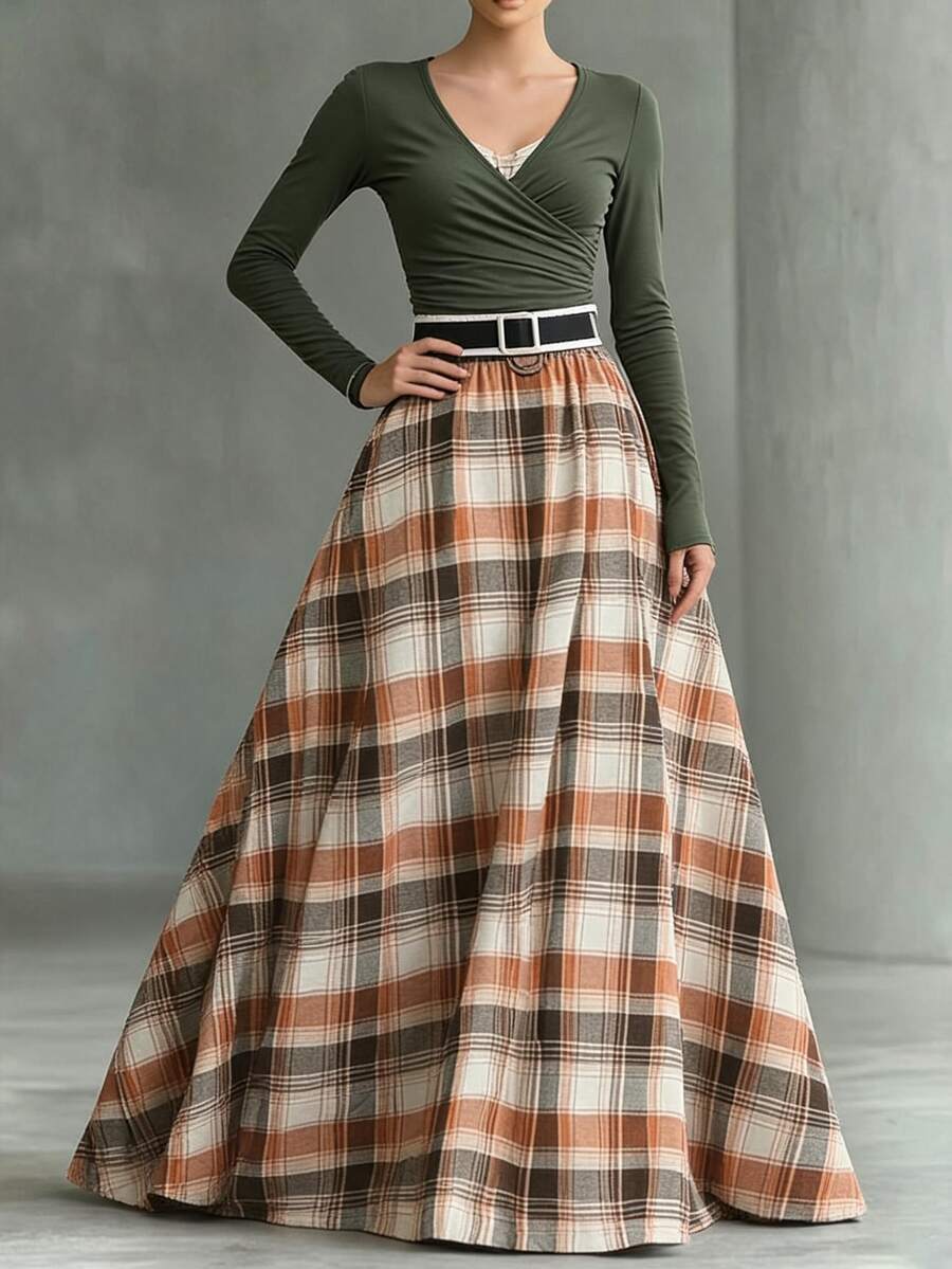 Balvessa Women's Solid Color Overlap V-Neck Long Sleeve T-Shirt And Plaid Skirt Casual 2 Pieces Set - Green - View 1