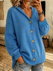 Zayélia Women's Hooded Long Sleeve Regular Fit Jacket With Large Buttons - Blue - View 3
