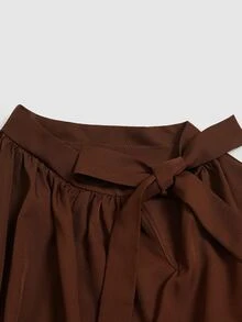 Selianne New Woven Solid Color Small Stand Collar Tie Neck Side Slit Puff Long Sleeve Cinched Waist Ruffled Hem Elegant Fashion Versatile Daily Commute Party Women's Blouse - Brown - View 6