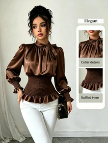 Selianne New Woven Solid Color Small Stand Collar Tie Neck Side Slit Puff Long Sleeve Cinched Waist Ruffled Hem Elegant Fashion Versatile Daily Commute Party Women's Blouse - Brown - View 4