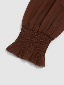Selianne New Woven Solid Color Small Stand Collar Tie Neck Side Slit Puff Long Sleeve Cinched Waist Ruffled Hem Elegant Fashion Versatile Daily Commute Party Women's Blouse - Brown - View 8