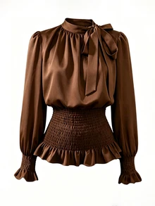 Selianne New Woven Solid Color Small Stand Collar Tie Neck Side Slit Puff Long Sleeve Cinched Waist Ruffled Hem Elegant Fashion Versatile Daily Commute Party Women's Blouse - Brown - View 5
