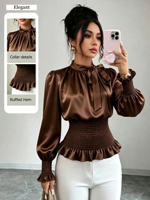 Selianne New Woven Solid Color Small Stand Collar Tie Neck Side Slit Puff Long Sleeve Cinched Waist Ruffled Hem Elegant Fashion Versatile Daily Commute Party Women's Blouse - Brown - View 3