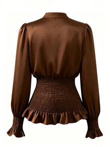 Selianne New Woven Solid Color Small Stand Collar Tie Neck Side Slit Puff Long Sleeve Cinched Waist Ruffled Hem Elegant Fashion Versatile Daily Commute Party Women's Blouse - Brown - View 2