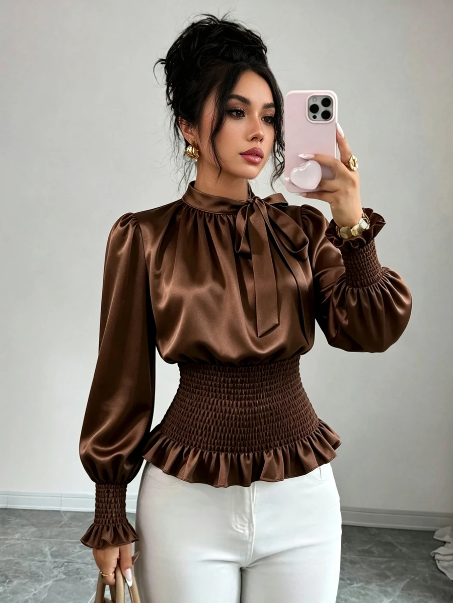 Selianne New Woven Solid Color Small Stand Collar Tie Neck Side Slit Puff Long Sleeve Cinched Waist Ruffled Hem Elegant Fashion Versatile Daily Commute Party Women's Blouse - Brown - View 1