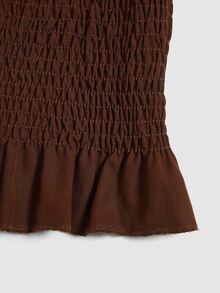 Selianne New Woven Solid Color Small Stand Collar Tie Neck Side Slit Puff Long Sleeve Cinched Waist Ruffled Hem Elegant Fashion Versatile Daily Commute Party Women's Blouse - Brown - View 7