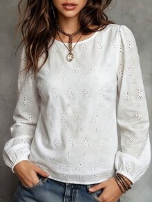 SHEIN Women's White Floral Embroidery Puff Sleeve Blouse, Loose Shirt For Spring Fall Vacation Daily Casua Casual Boho - White - View 6