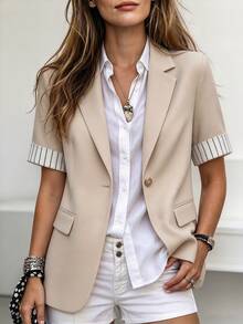 SHEIN Holidaya Women's Patchwork Blue And White Striped Lapel Neck Short Sleeve Single Button Casual Jacket Office Business Summer - Apricot - View 1