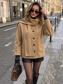 SHEIN PariChic Women's French Style Camel Color Detachable Scarf Double-Sided Overcoat With Side Pockets, Loose Drop Shoulder Design, Premium Feel Autumn/Winter Overcoat - Khaki - View 3