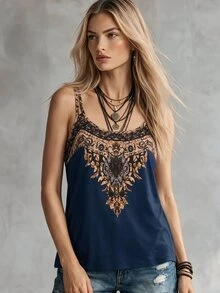 SHEIN Women's Colorblock Casual Boho Versatile Everyday Outing Camisole Top Vacation Navy Blue Floral Floral Summer Vacation Holiday - Navy Blue - View 3