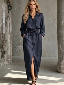 SHEIN Women's 100% Cotton Navy Collar Drawstring Waist Split Maxi Dress, Casual Dress For Spring Fall Casual Daily Wear - Navy Blue - View 4