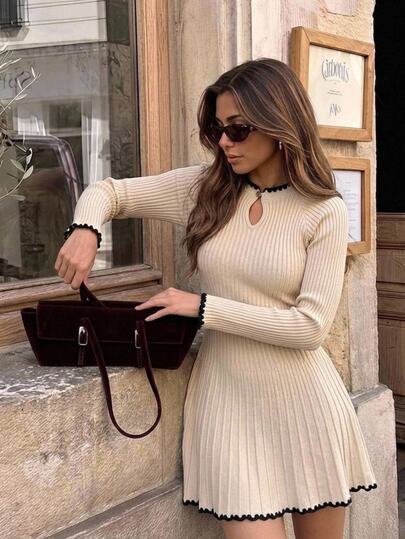 Serisse Women's Autumn Elegant French Black And White Trim Knitted Long-Sleeved A-Line Dress Brunch Night Party Commuter Minimalist Khaki Color-Blockhalloween