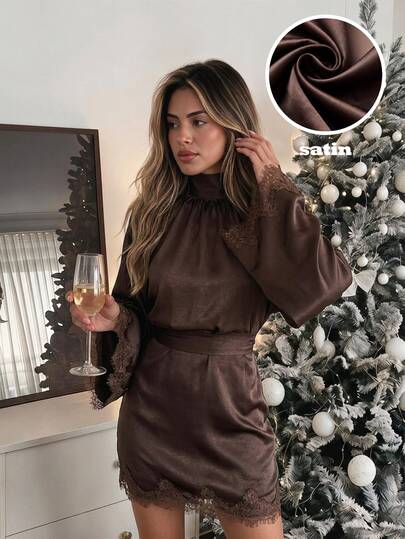 Serisse Women's Solid Color Stand Collar Lace Cuff Patchwork Fashion Short Dress
