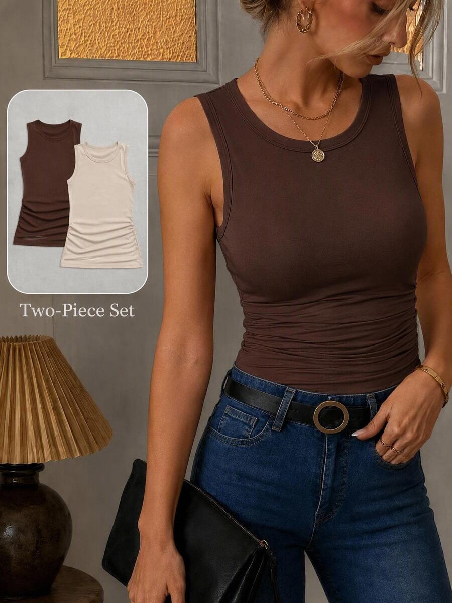 SHEIN LUNE 2pcs/Set Casual Solid Color Versatile Women's Crew Neck Fitted Camisole, Suitable For Summer Back To School,Casual, Brown,Back To School Clothes - Multicolor - View 1