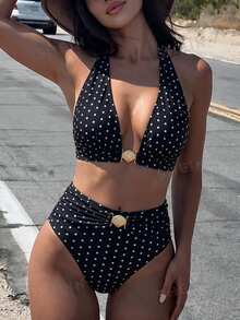 Bonvoyette Black With White Polka Dot Halter Triangle Bikini Top, High Waist Bottom, Large Round Metal Decor Front, Bowknot Back Neck, Vintage Vacation Style - Black and White - View 4