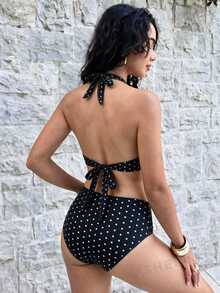 Bonvoyette Black With White Polka Dot Halter Triangle Bikini Top, High Waist Bottom, Large Round Metal Decor Front, Bowknot Back Neck, Vintage Vacation Style - Black and White - View 2