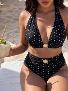 Bonvoyette Black With White Polka Dot Halter Triangle Bikini Top, High Waist Bottom, Large Round Metal Decor Front, Bowknot Back Neck, Vintage Vacation Style - Black and White - View 6