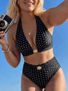 Bonvoyette Black With White Polka Dot Halter Triangle Bikini Top, High Waist Bottom, Large Round Metal Decor Front, Bowknot Back Neck, Vintage Vacation Style - Black and White - View 5
