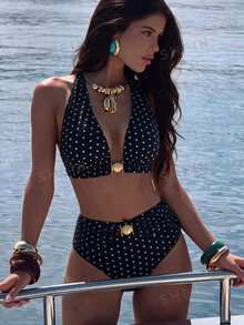 Bonvoyette Black With White Polka Dot Halter Triangle Bikini Top, High Waist Bottom, Large Round Metal Decor Front, Bowknot Back Neck, Vintage Vacation Style - Black and White - View 1
