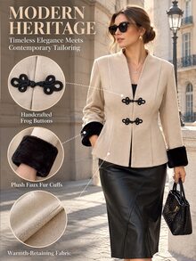 Easura Elegant Fashion Contrast Color Frog Button Decor Women's Plus Size Wool Winter - Khaki - View 1