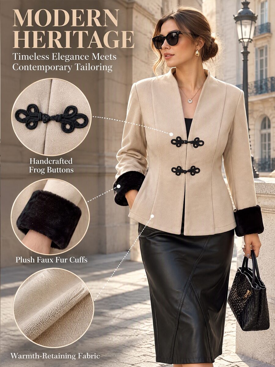 Easura Elegant Fashion Contrast Color Frog Button Decor Women's Plus Size Wool Winter - Khaki - View 1