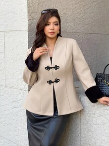 Easura Elegant Fashion Contrast Color Frog Button Decor Women's Plus Size Wool Winter - Khaki - View 6