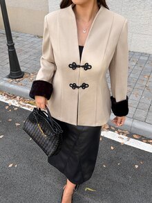 Easura Elegant Fashion Contrast Color Frog Button Decor Women's Plus Size Wool Winter - Khaki - View 3