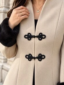 Easura Elegant Fashion Contrast Color Frog Button Decor Women's Plus Size Wool Winter - Khaki - View 8