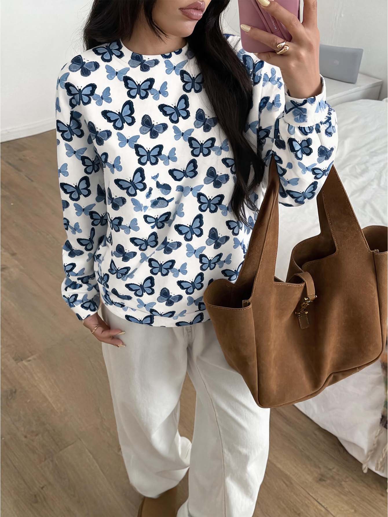 Feyla Women's All-Over Print Casual Versatile Daily Wear Long Sleeve Sweatshirt - White - View 1