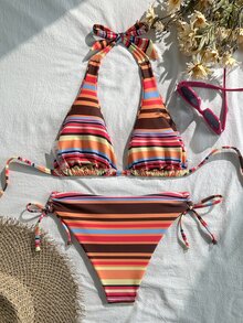 Swim Vcay 女款夏季海灘條紋掛脖繫帶性感比基尼三角褲兩件式泳衣套裝 - 彩色 - 查看 2