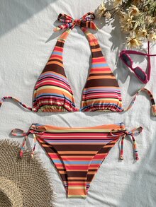 Swim Vcay 女款夏季海灘條紋掛脖繫帶性感比基尼三角褲兩件式泳衣套裝 - 彩色 - 查看 4