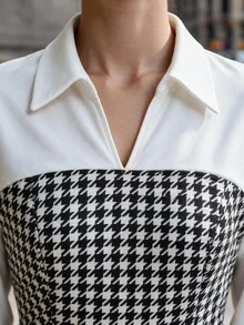 Penseblé European And American Autumn/Winter Women's Elegant Patchwork Houndstooth Print Straight Leg Wide Leg Long Sleeve Jumpsuit, Suitable For Commuting, Outings And Dates - Black and White - View 7