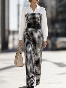 Penseblé European And American Autumn/Winter Women's Elegant Patchwork Houndstooth Print Straight Leg Wide Leg Long Sleeve Jumpsuit, Suitable For Commuting, Outings And Dates - Black and White - View 4