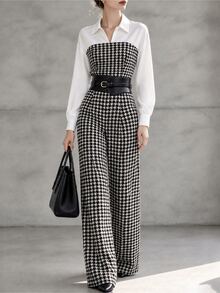 Penseblé European And American Autumn/Winter Women's Elegant Patchwork Houndstooth Print Straight Leg Wide Leg Long Sleeve Jumpsuit, Suitable For Commuting, Outings And Dates - Black and White - View 1