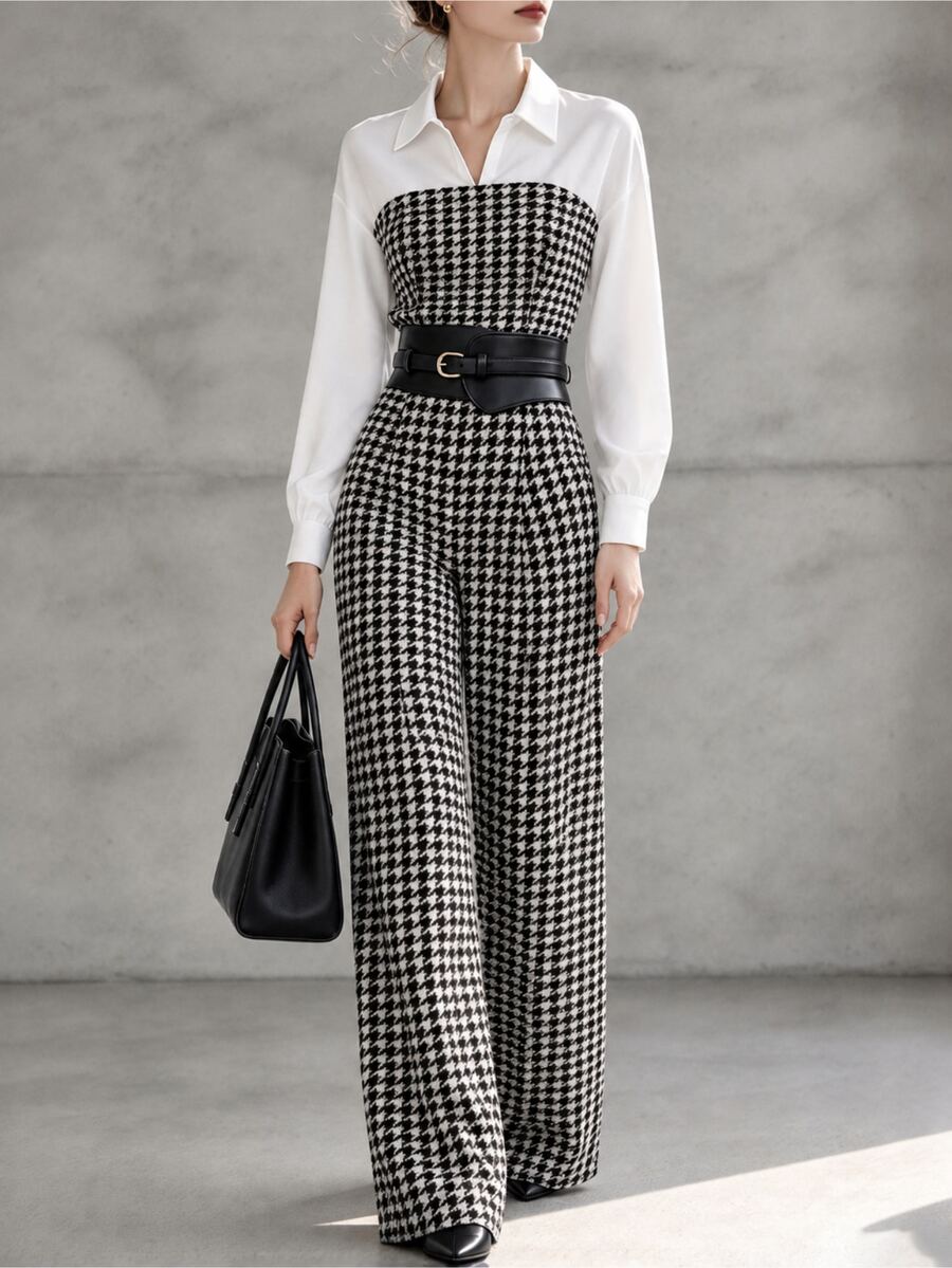 Penseblé European And American Autumn/Winter Women's Elegant Patchwork Houndstooth Print Straight Leg Wide Leg Long Sleeve Jumpsuit, Suitable For Commuting, Outings And Dates - Black and White - View 1