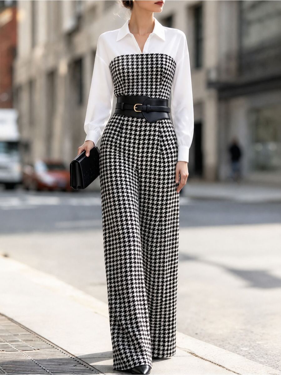 Penseblé Jumpsuit Lengan Panjang Model Patchwork Motif Houndstooth Elegan untuk Wanita Musim Gugur/Dingin Gaya Eropa dan Amerika, Potongan Lurus dan Lebar, Cocok untuk Bepergian, Jalan-jalan, dan Kencan. - Hitam dan Putih - View 1