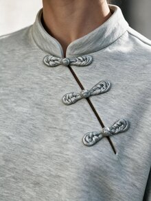 Penseblé Sweatshirt Wanita Kerah Tegak Kancing Katak Gaya Cina Musim Gugur/Dingin 2026, Atasan Pullover Kasual Longgar Serbaguna dengan Bahu Jatuh dan Plaket Asimetris - Grey - View 7