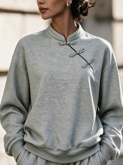 Penseblé 2026 Autumn/Winter New Chinese Style Frog Button Stand Collar Women's Sweatshirt, Drop Shoulder Asymmetrical Placket Loose Casual Versatile Pullover Top