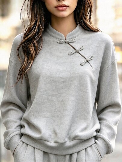 Penseblé 2026 Autumn/Winter New Chinese Style Frog Button Stand Collar Women's Sweatshirt, Drop Shoulder Asymmetrical Placket Loose Casual Versatile Pullover Top