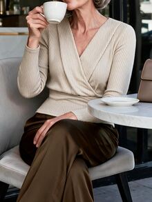 Penseblé Fall/ Premium Overlap V-Neck Waist-Cinching Soft Knit Long Sleeve T-Shirt Slimming Daily Commute Women's Top Office Party Beige Elegant Granny - Apricot - View 5