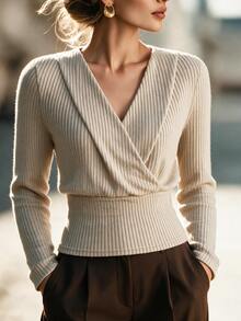 Penseblé Fall/ Premium Overlap V-Neck Waist-Cinching Soft Knit Long Sleeve T-Shirt Slimming Daily Commute Women's Top Office Party Beige Elegant Granny - Apricot - View 1